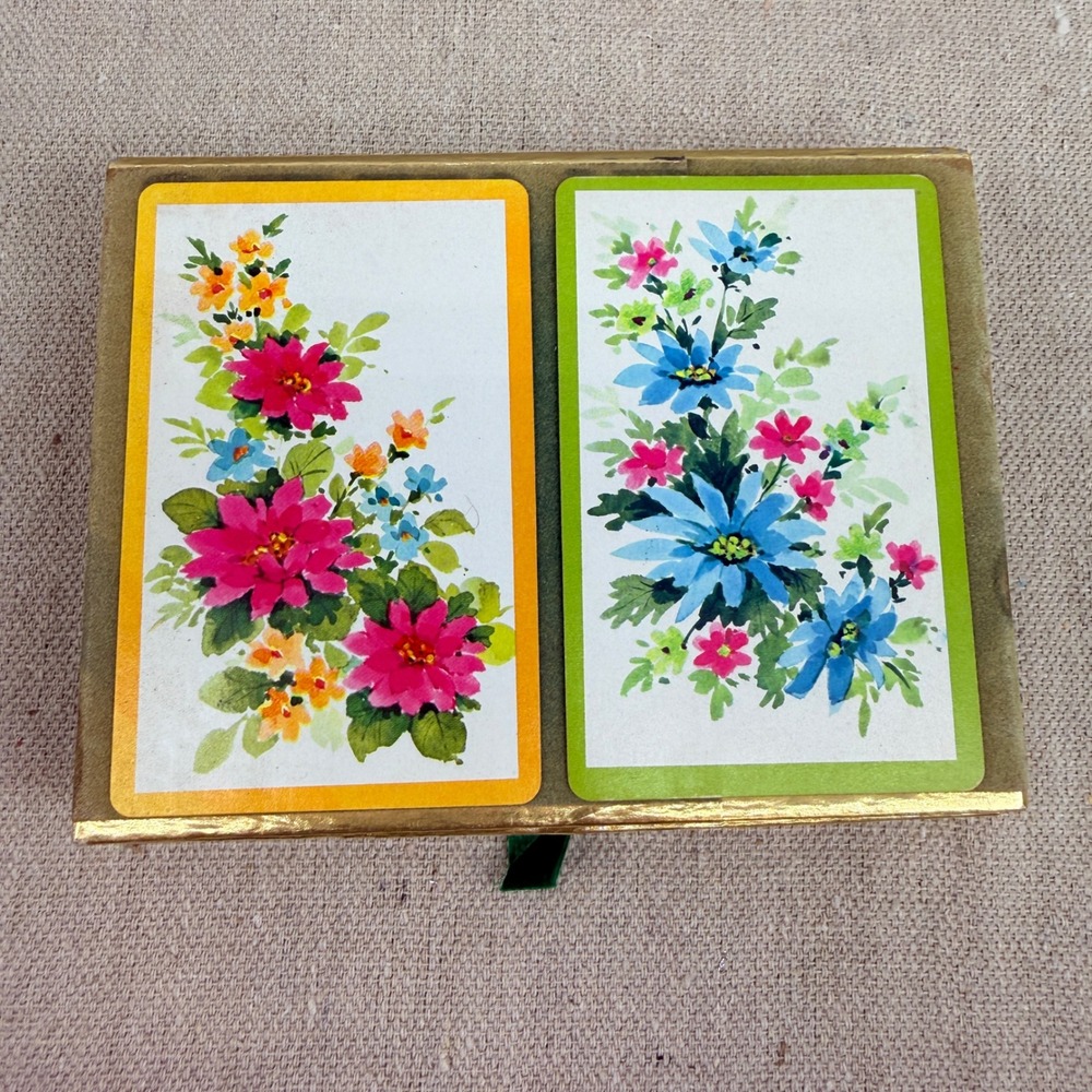 Congress Playing Cards Double Deck Floral Cel-U-Tone Finish Vintage Gold Box